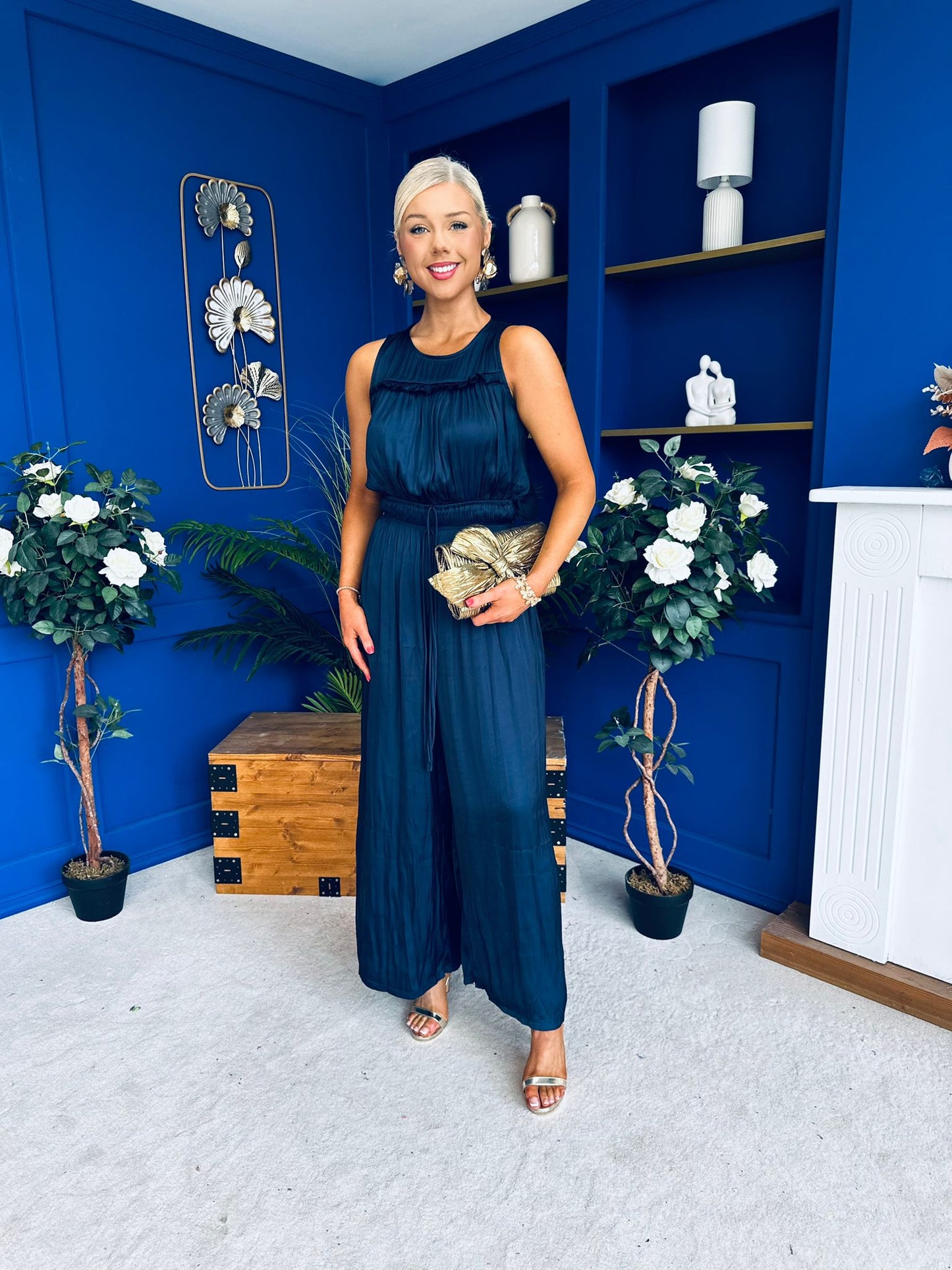 Bella High Neck Satin Jumpsuit Coral Navy