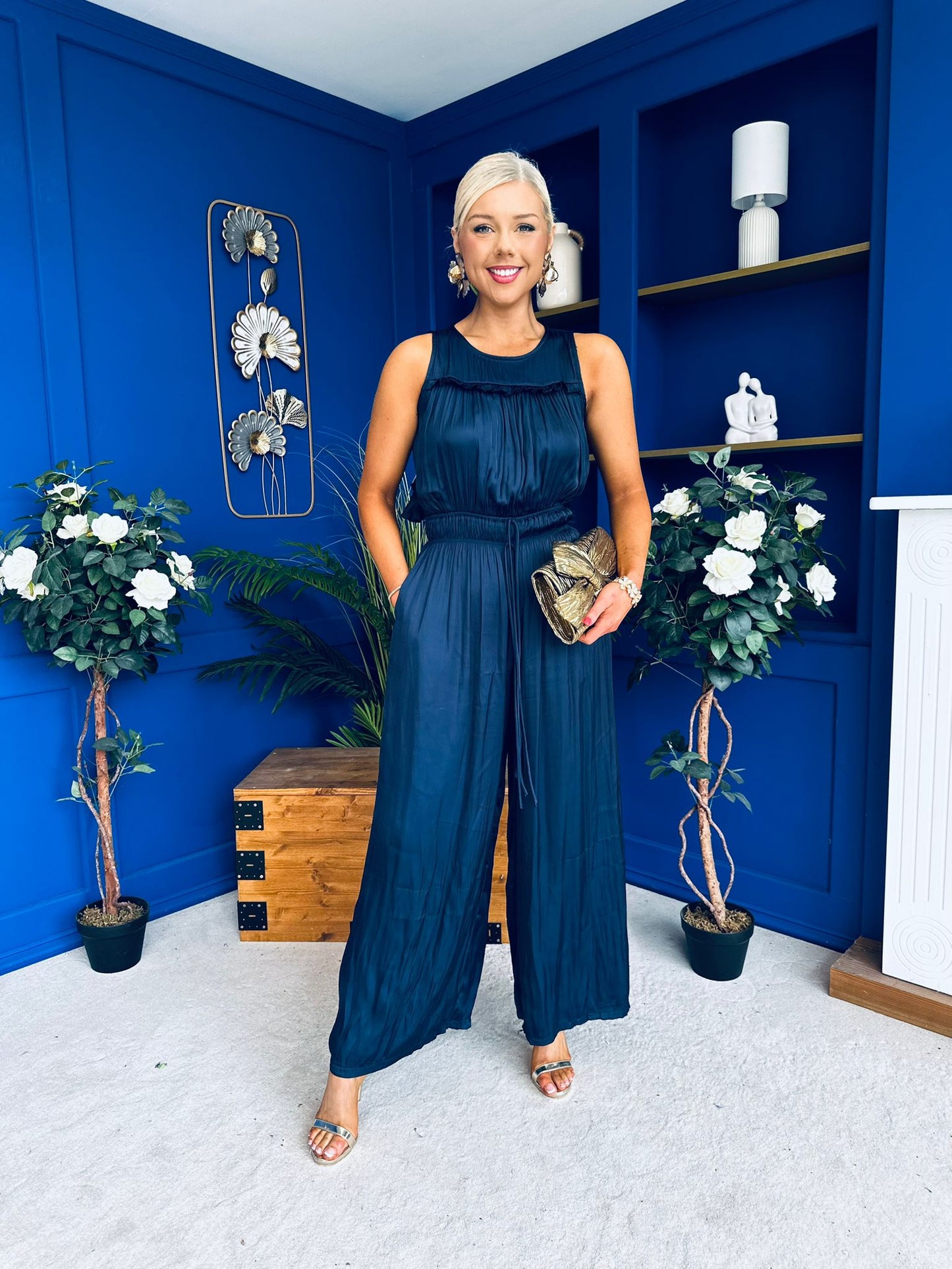 Bella High Neck Satin Jumpsuit Coral Navy