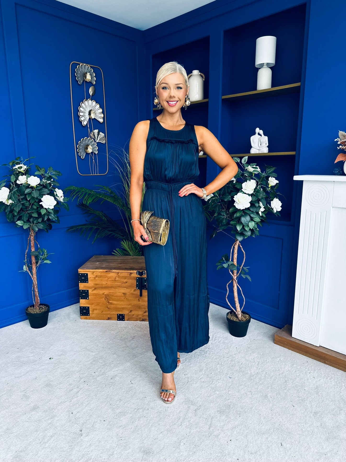 Bella High Neck Satin Jumpsuit Coral Navy