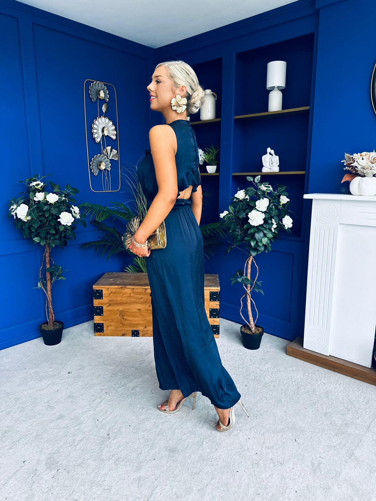 Bella High Neck Satin Jumpsuit Coral Navy