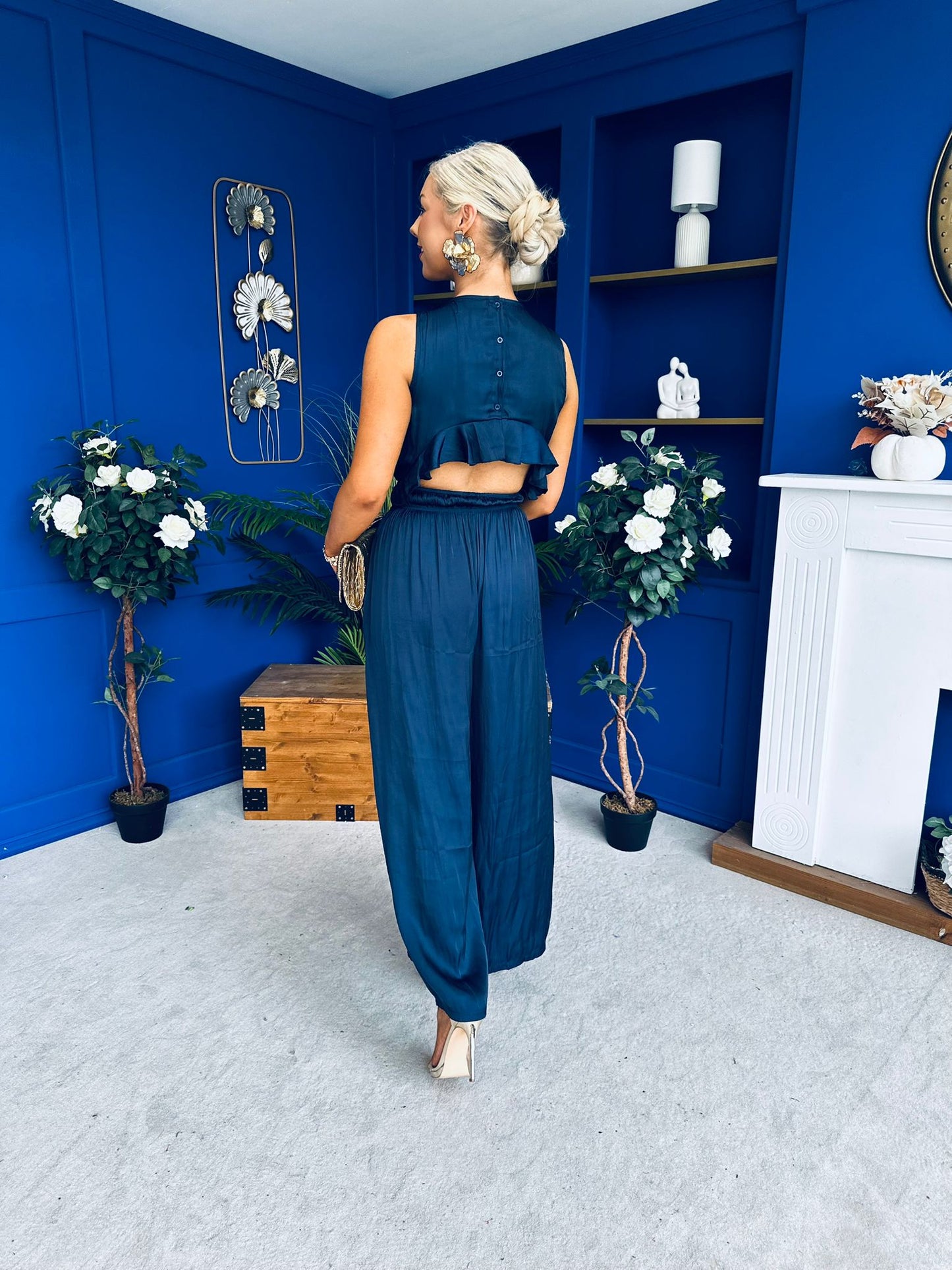 Bella High Neck Satin Jumpsuit Coral Navy