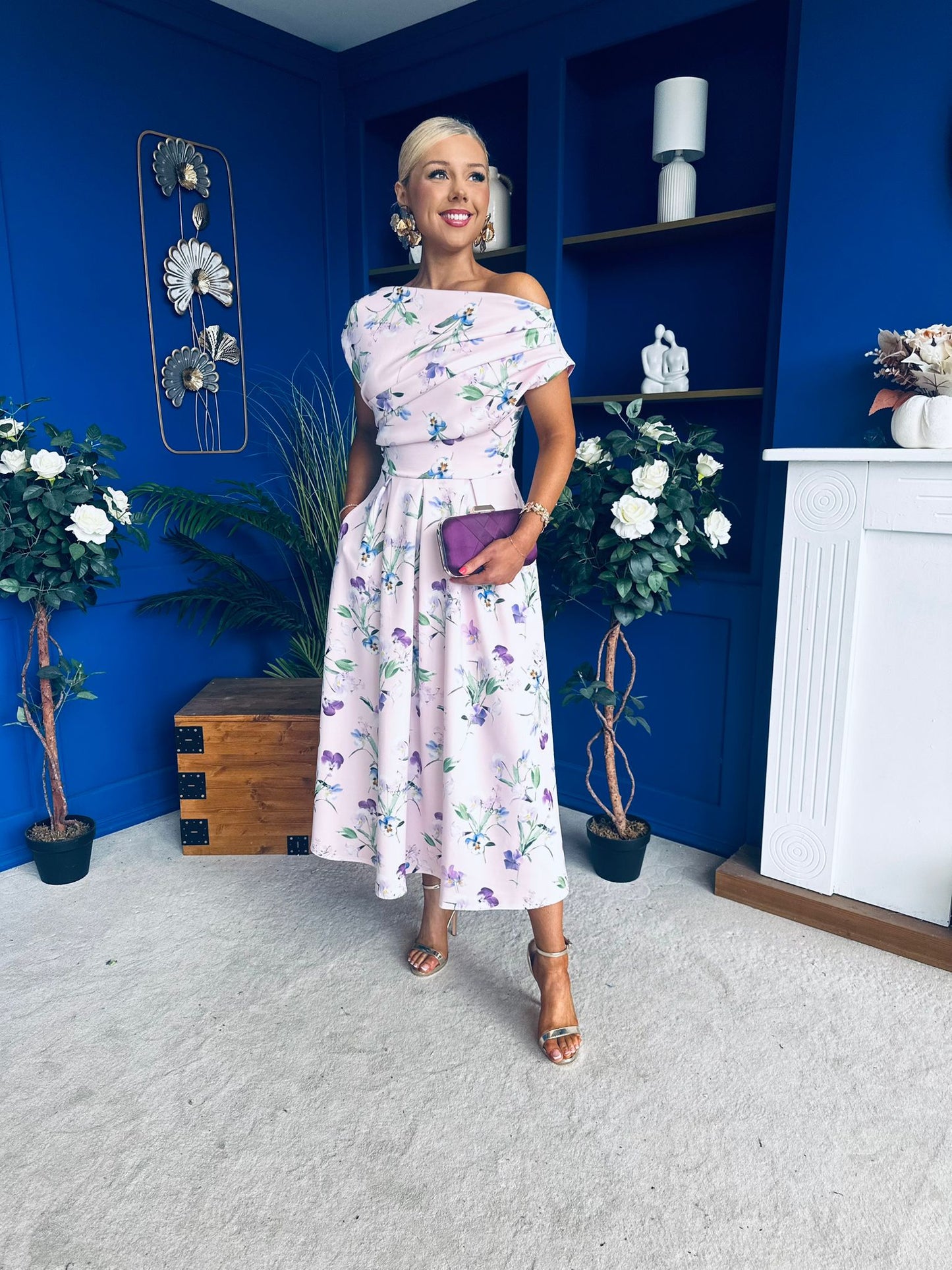 Breffy Asymmetric Neckline Skater Midi Floral Purple