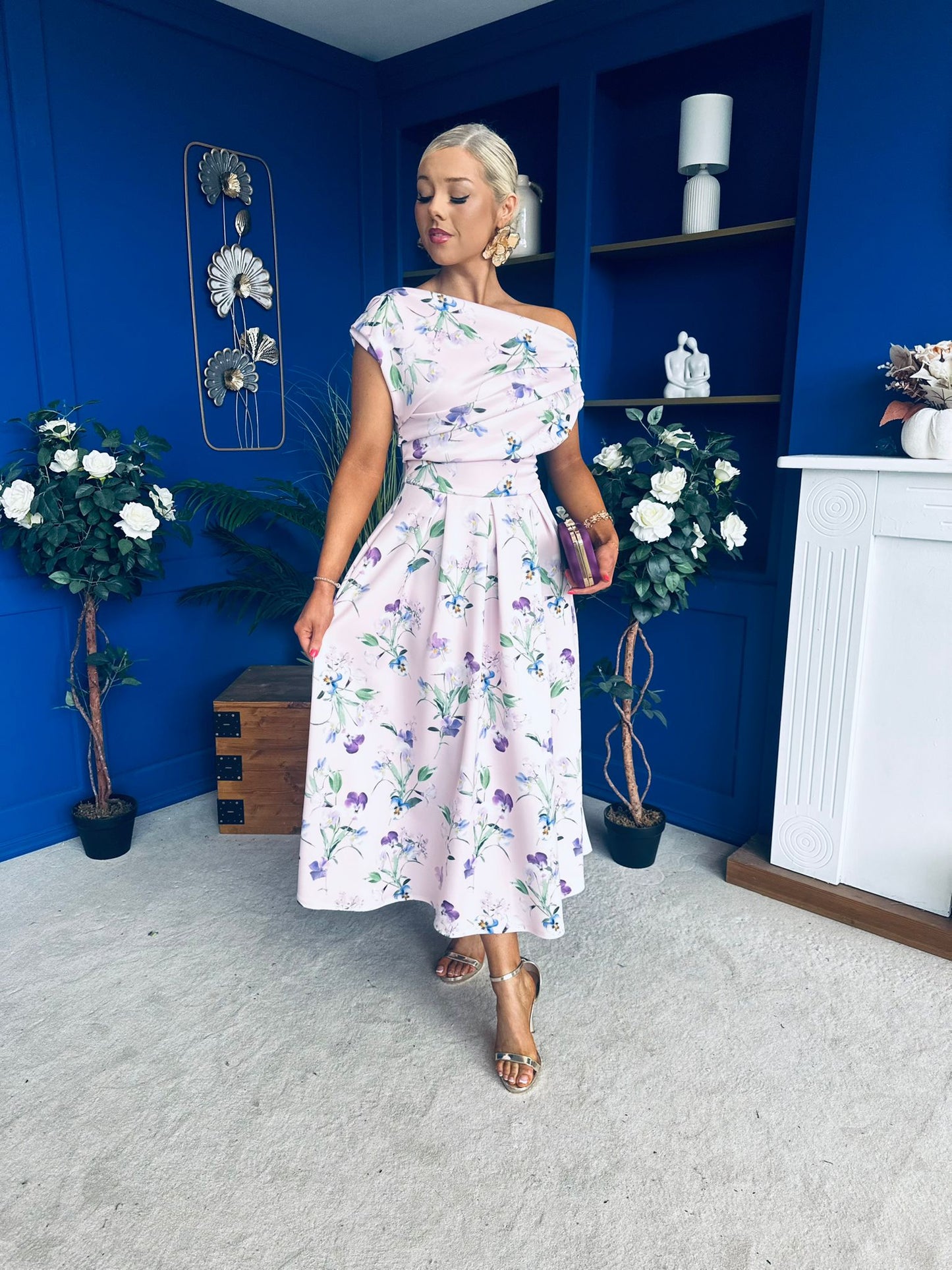 Breffy Asymmetric Neckline Skater Midi Floral Purple
