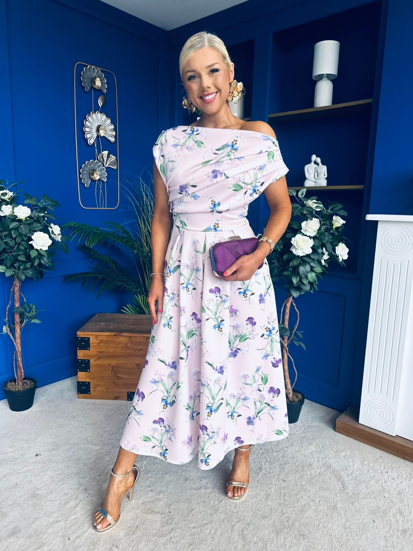 Breffy Asymmetric Neckline Skater Midi Floral Purple