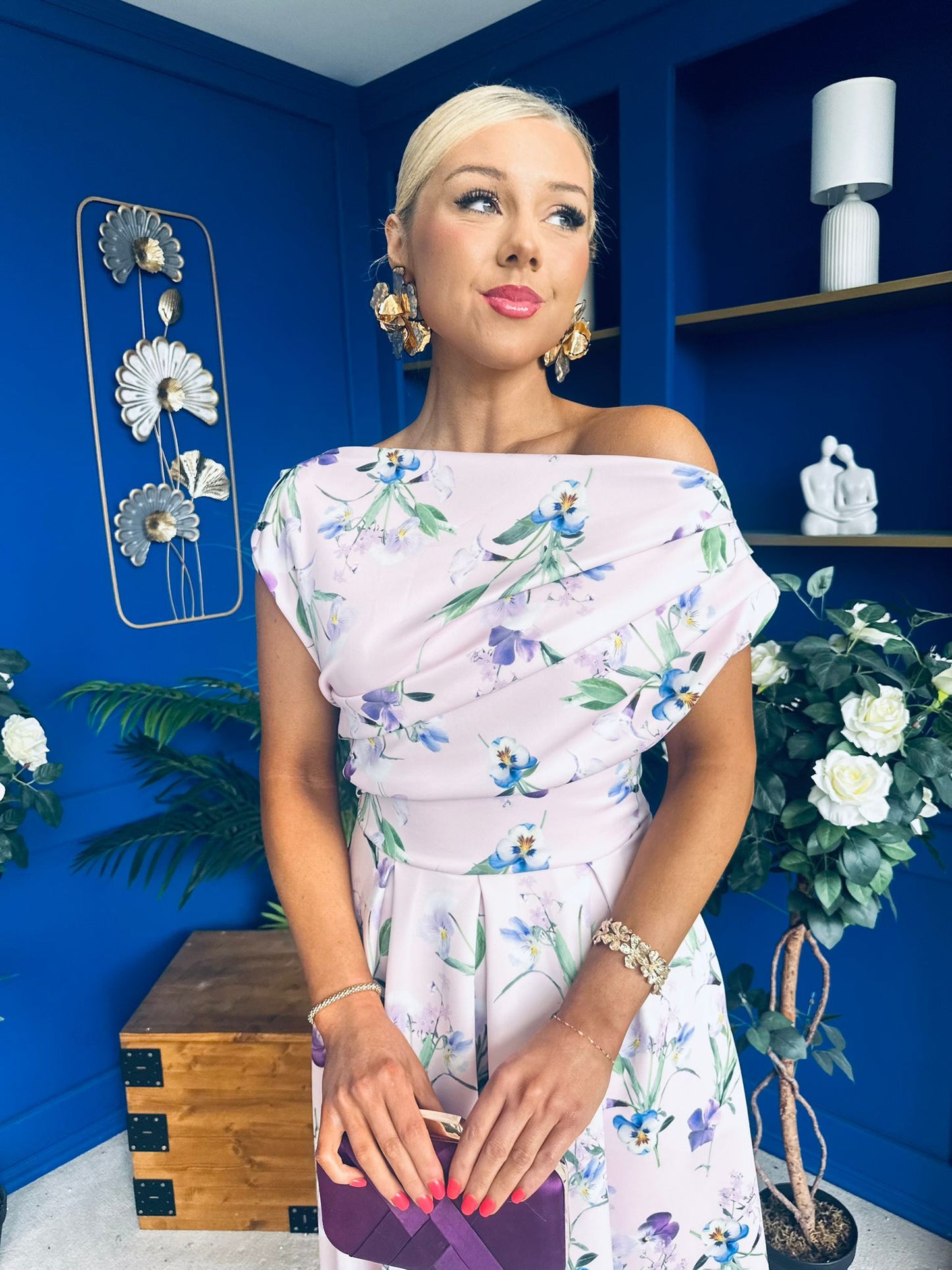 Breffy Asymmetric Neckline Skater Midi Floral Purple
