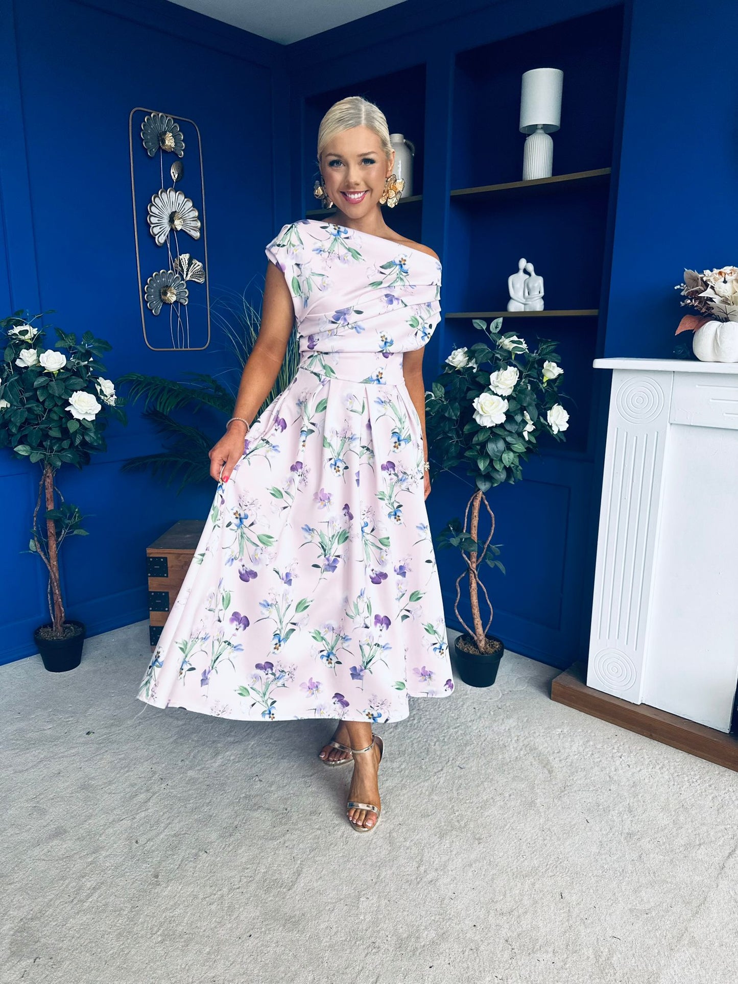 Breffy Asymmetric Neckline Skater Midi Floral Purple