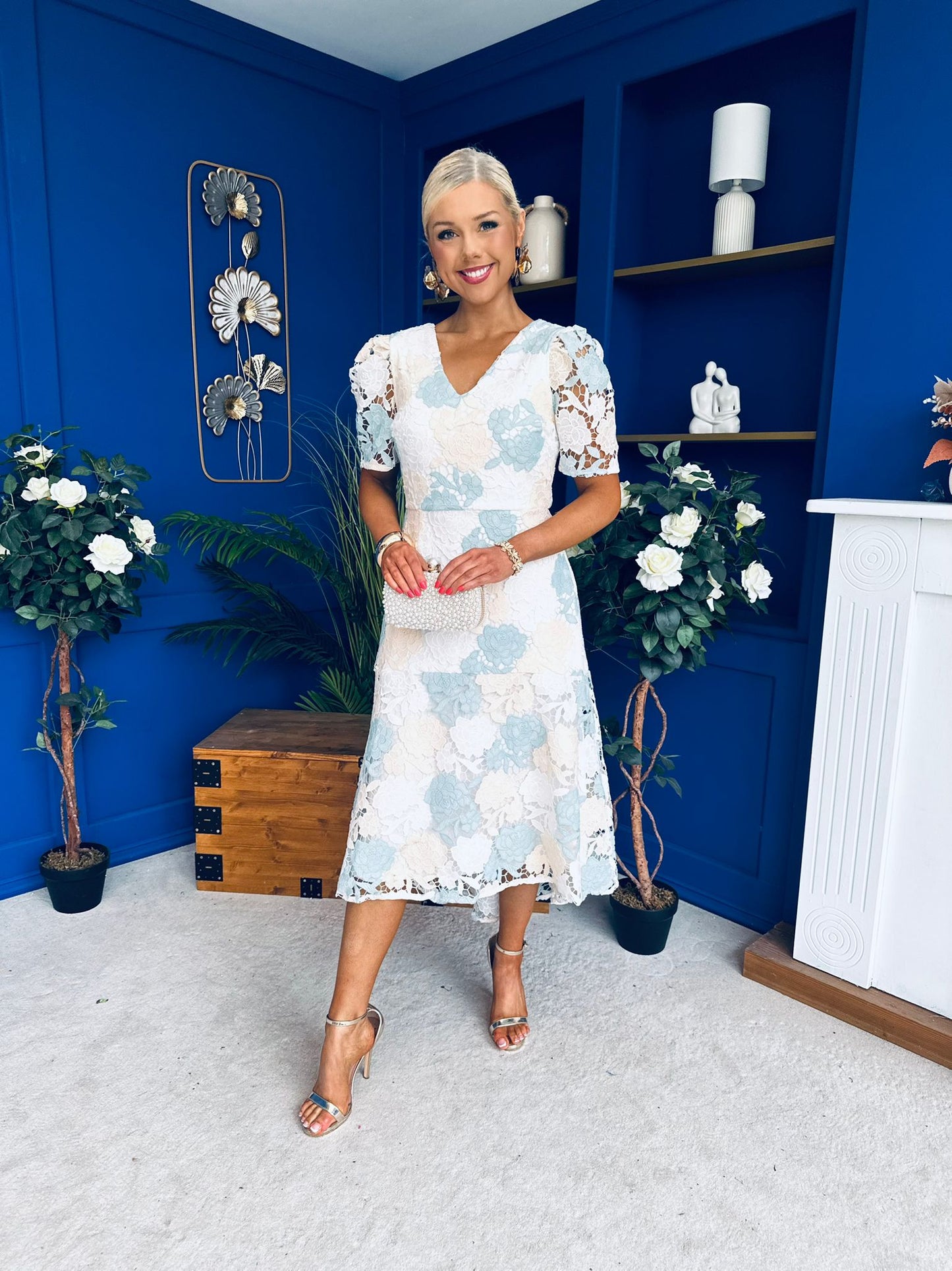 Myrtle V Neck A Line Floral Lace Midi Dress Pastel