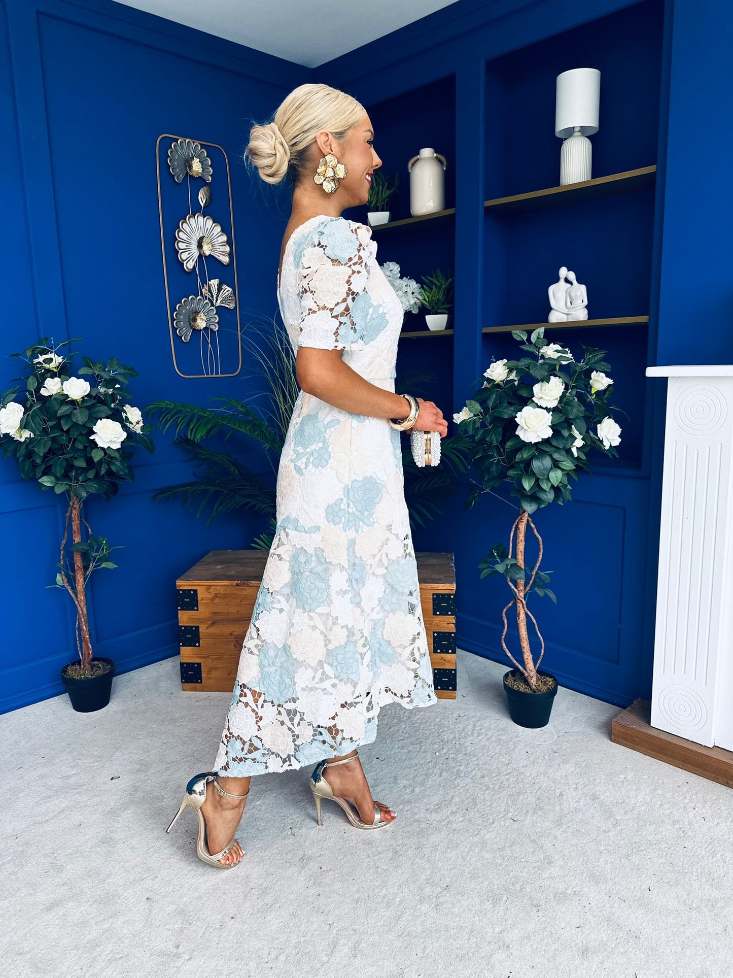 Myrtle V Neck A Line Floral Lace Midi Dress Pastel