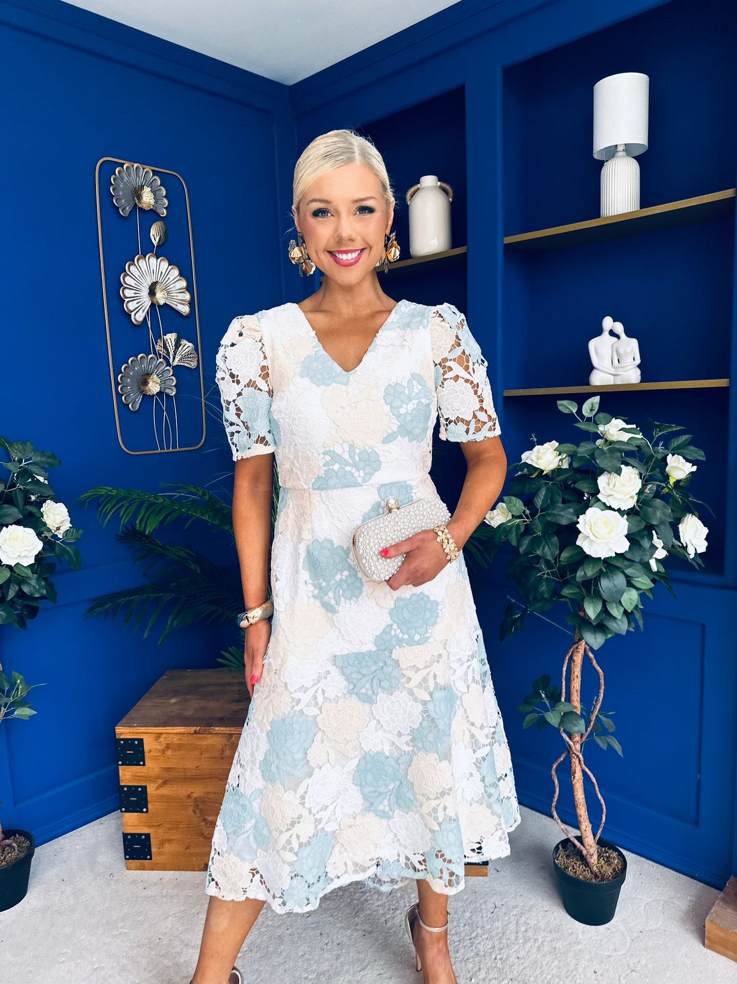 Myrtle V Neck A Line Floral Lace Midi Dress Pastel
