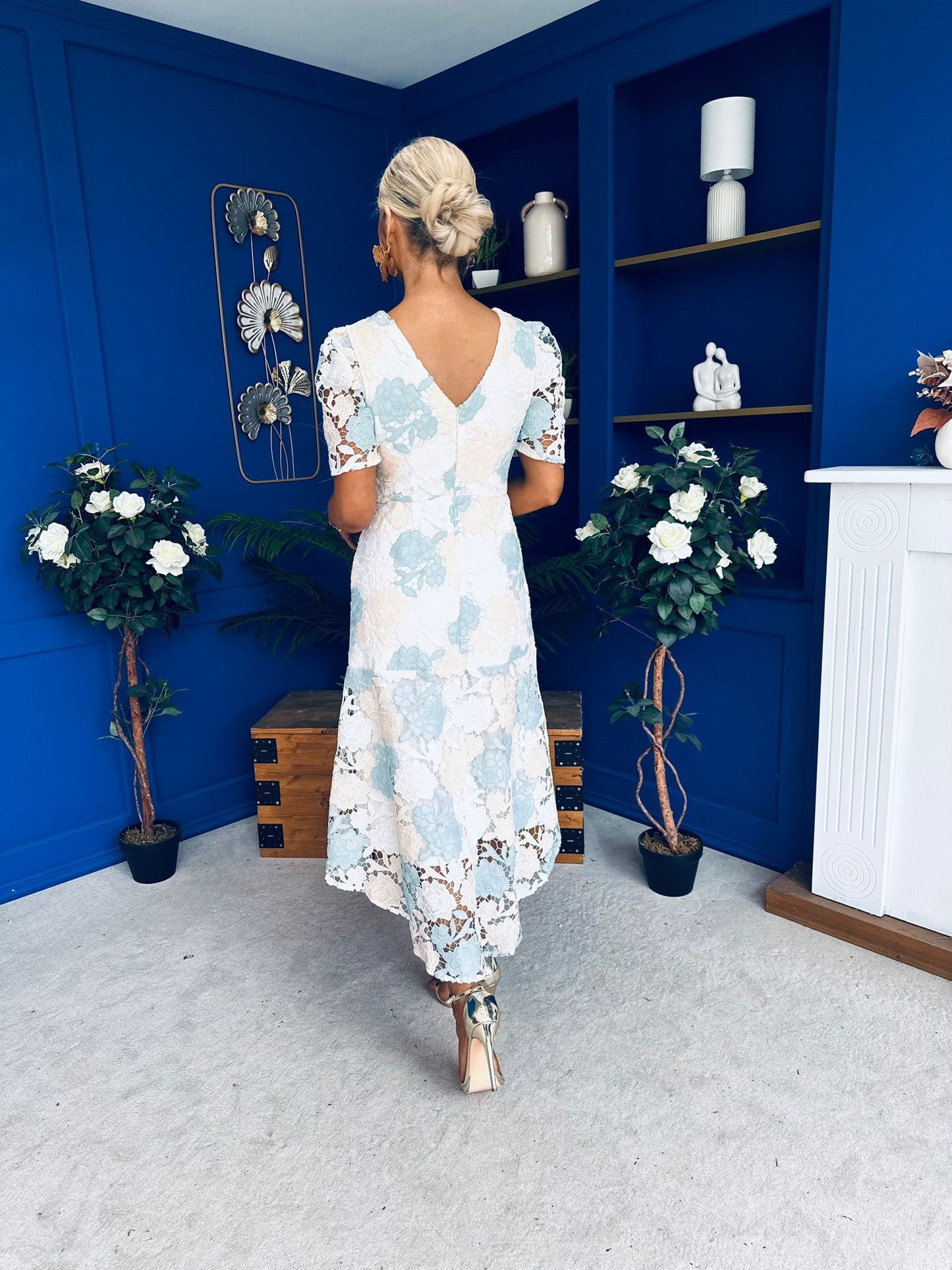 knee length dresses for ladies Myrtle V Neck A Line Floral Pastel Lace Midi Dress – Canella Lane