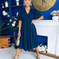 Laura V-Neck Short Sleeve Flowy Midi Dress Navy