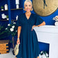 Laura V-Neck Short Sleeve Flowy Midi Dress Navy