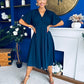 Laura V-Neck Short Sleeve Flowy Midi Dress Navy