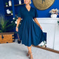 Laura V-Neck Short Sleeve Flowy Midi Dress Navy