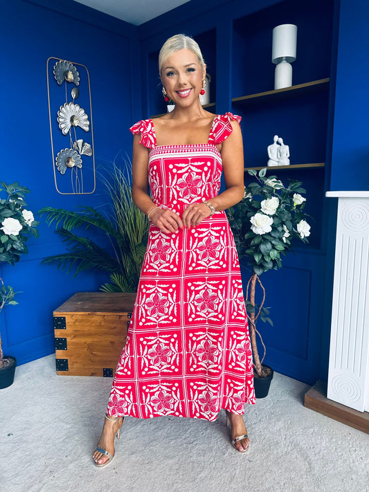 Orla Broderie Anglaise Floral Border Maxi Dress Red