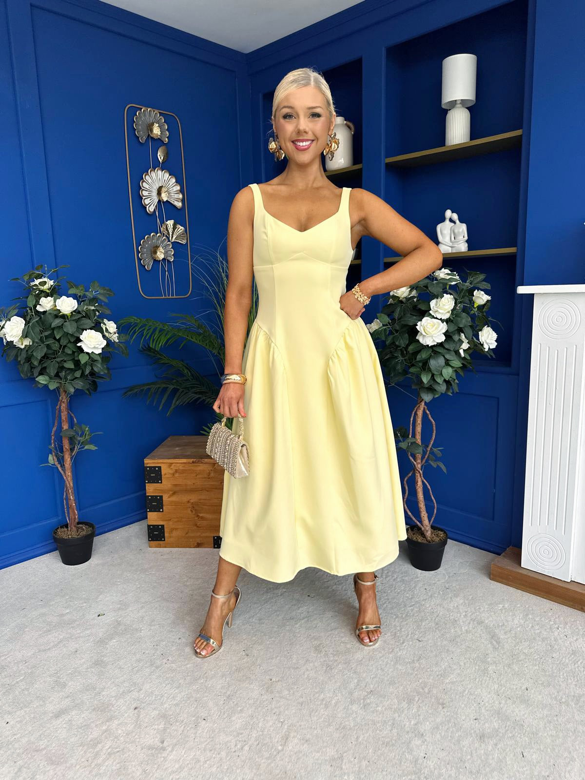 Autumn Detailed Strappy Midi Dress Yellow