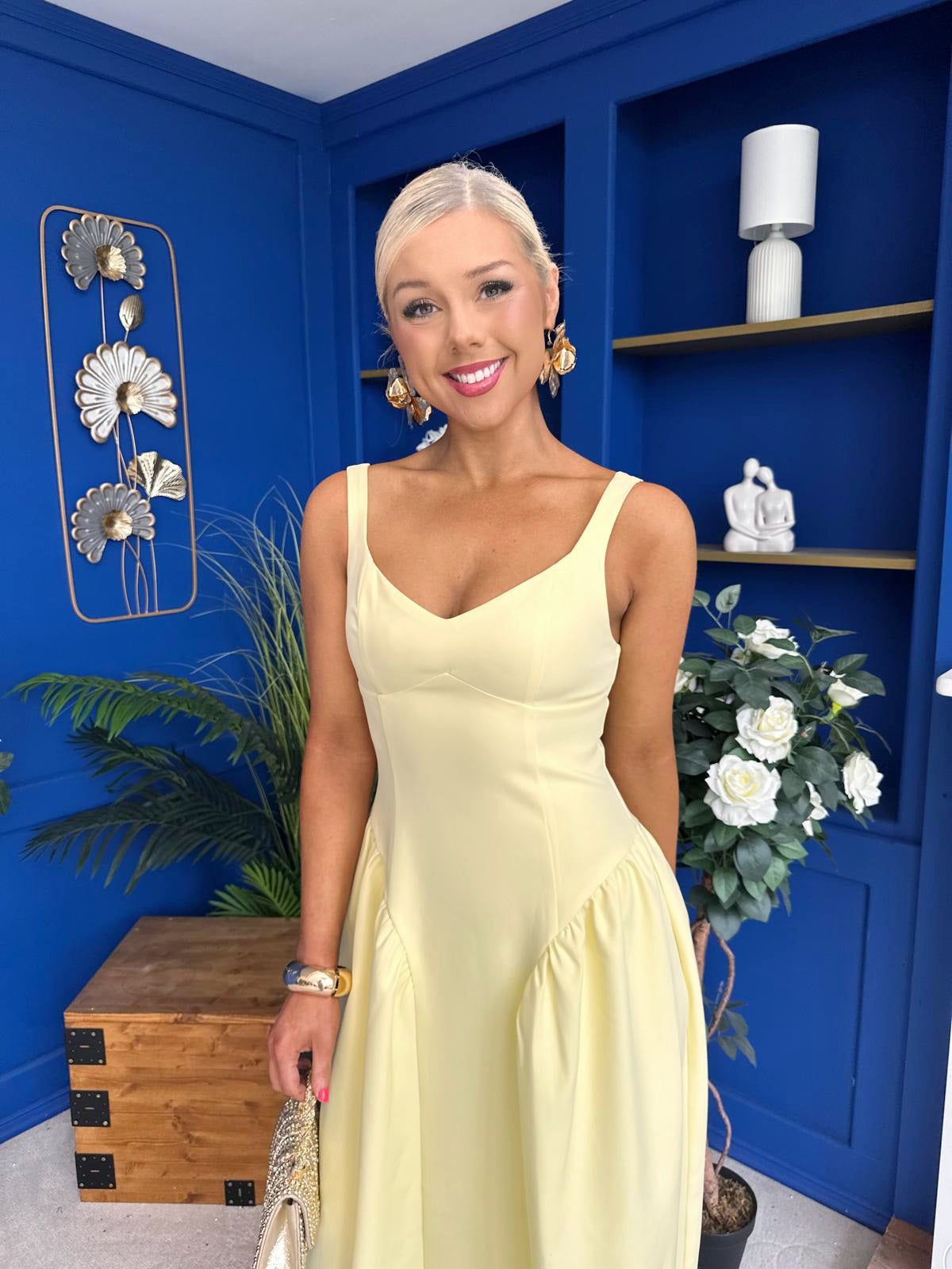 Autumn Detailed Strappy Midi Dress Yellow