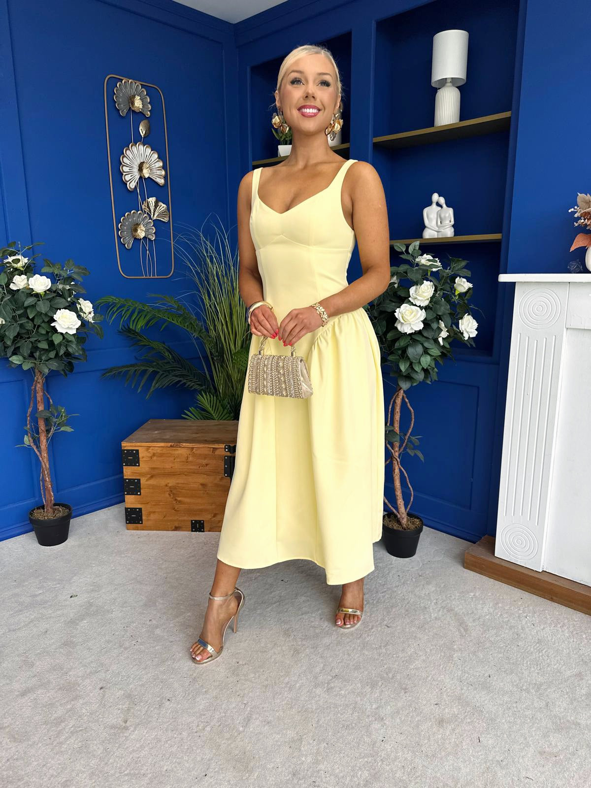 Autumn Detailed Strappy Midi Dress Yellow