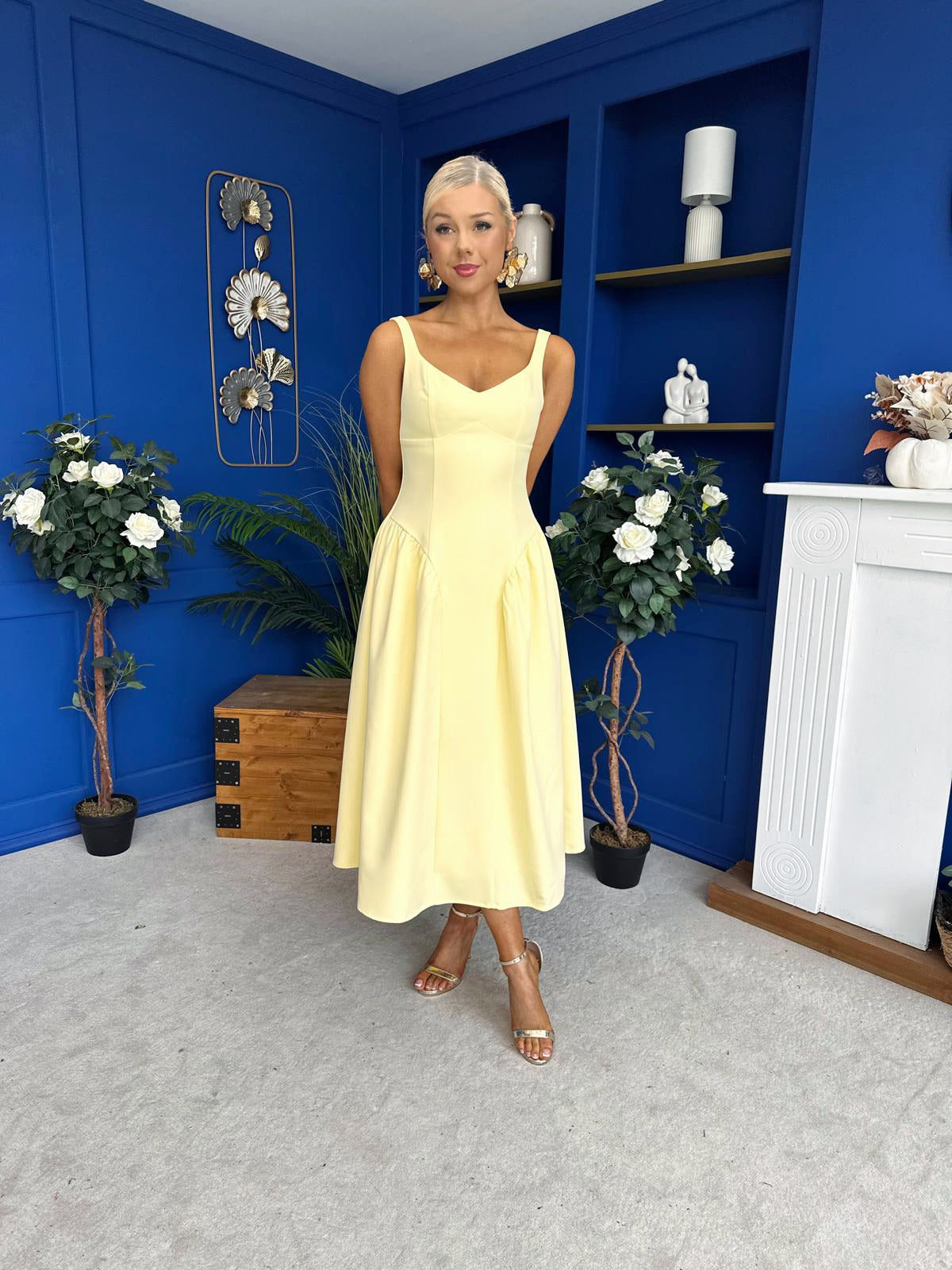 Autumn Detailed Strappy Midi Dress Yellow