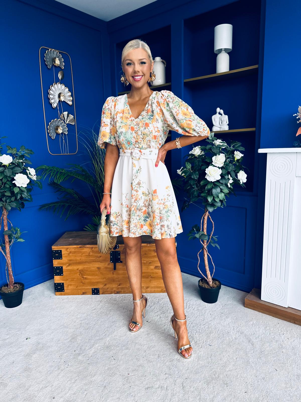 Azelia Puff Sleeve V Neck Mini Dress Floral Yellow