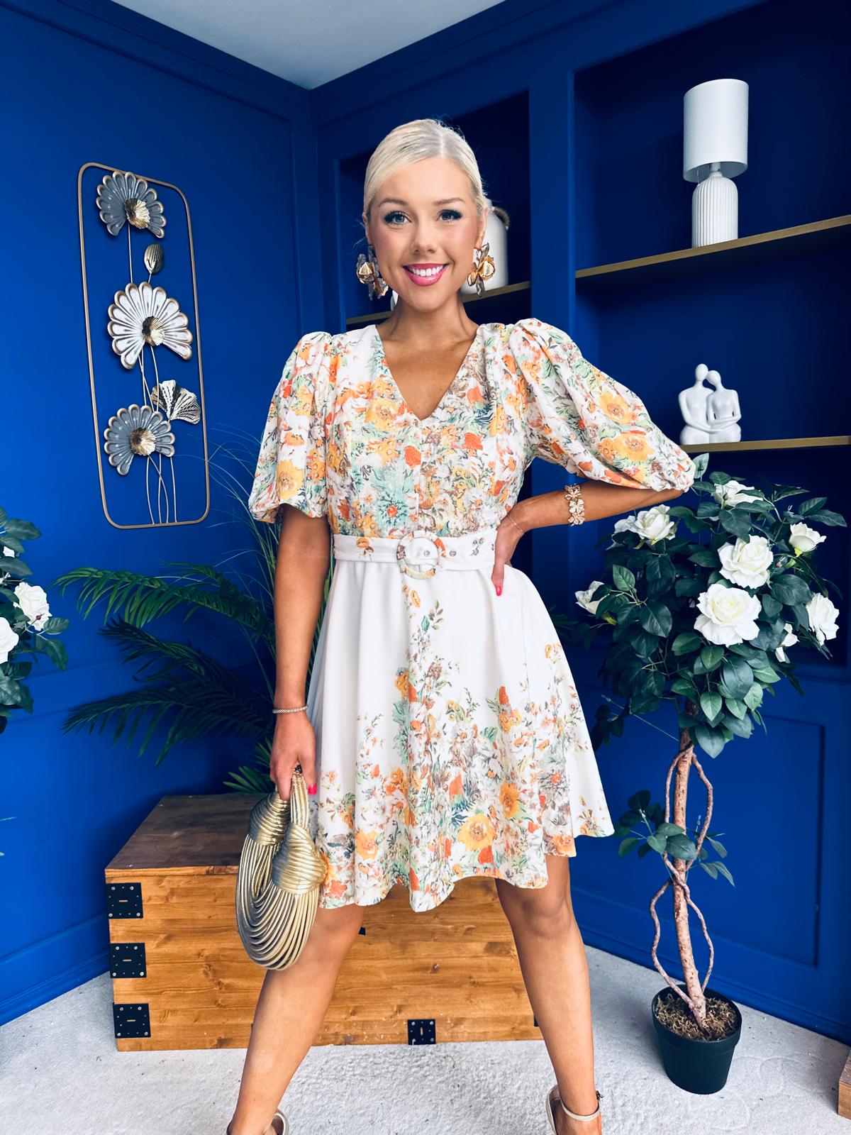 Azelia Puff Sleeve V Neck Mini Dress Floral Yellow
