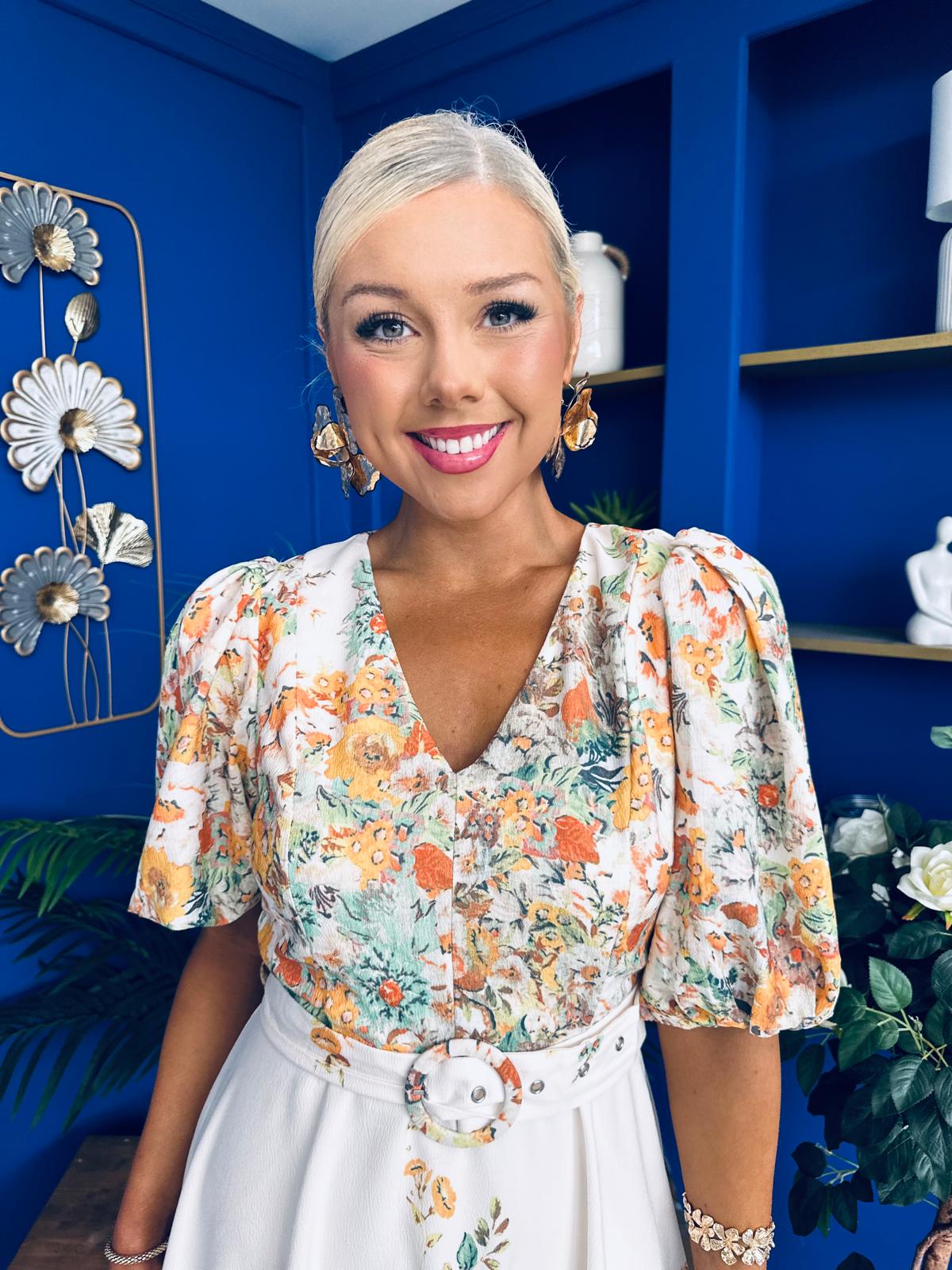 Azelia Puff Sleeve V Neck Mini Dress Floral Yellow