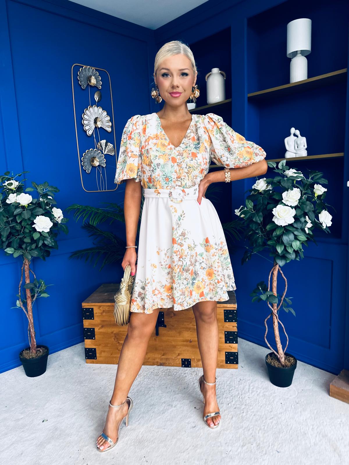 Azelia Puff Sleeve V Neck Mini Dress Floral Yellow