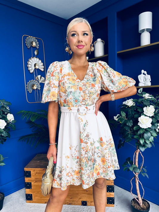 Azelia Puff Sleeve V Neck Mini Dress Floral Yellow