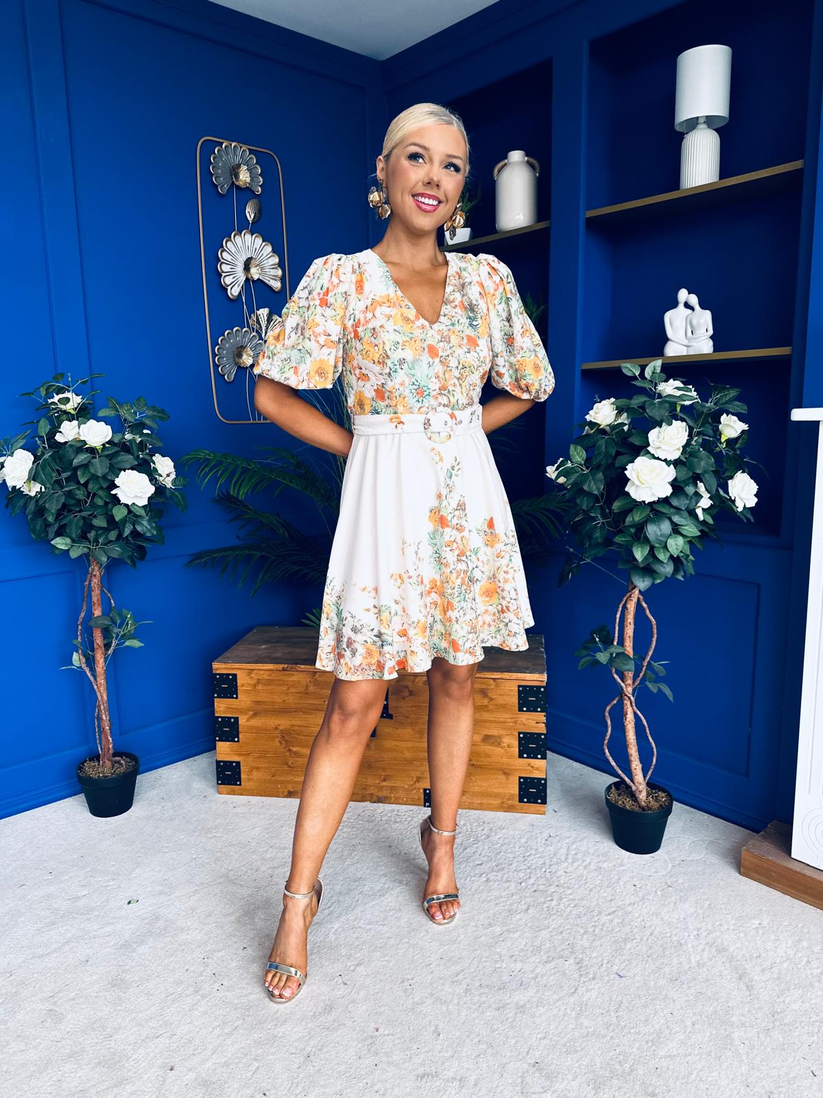 Azelia Puff Sleeve V Neck Mini Dress Floral Yellow