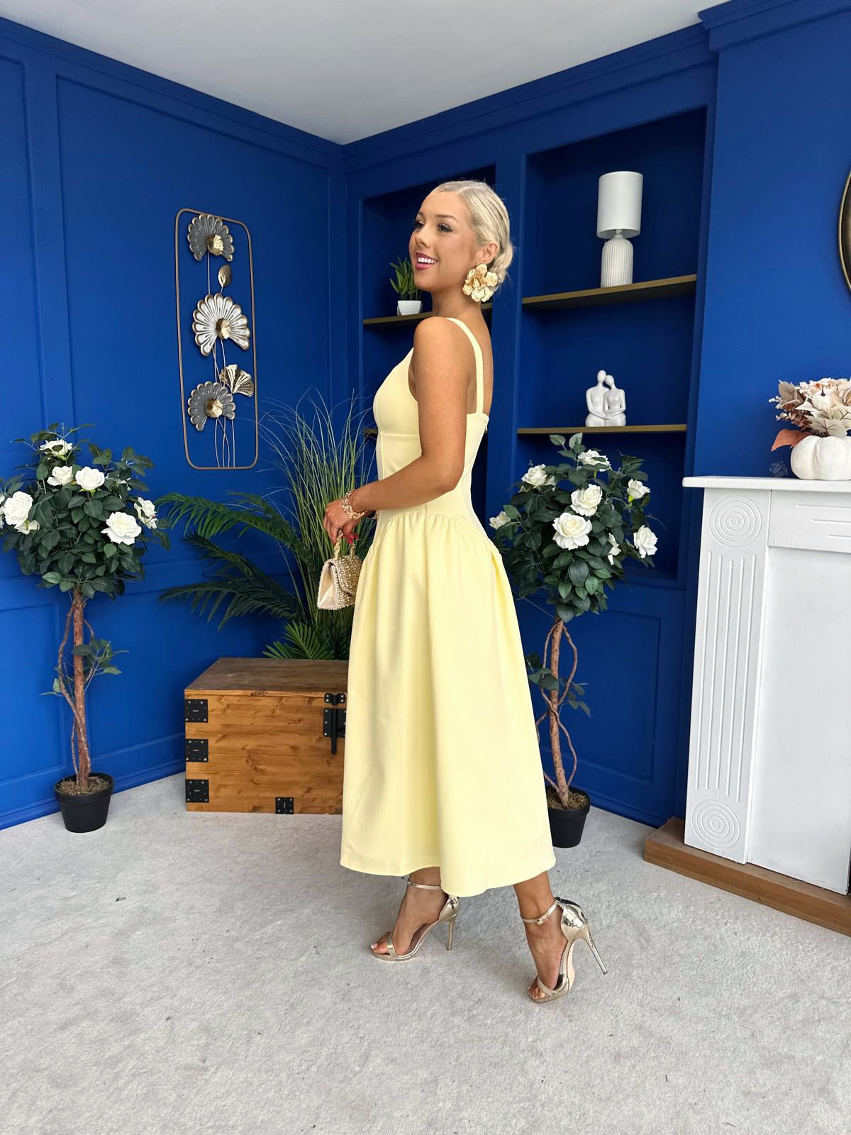 Autumn Detailed Strappy Midi Dress Yellow