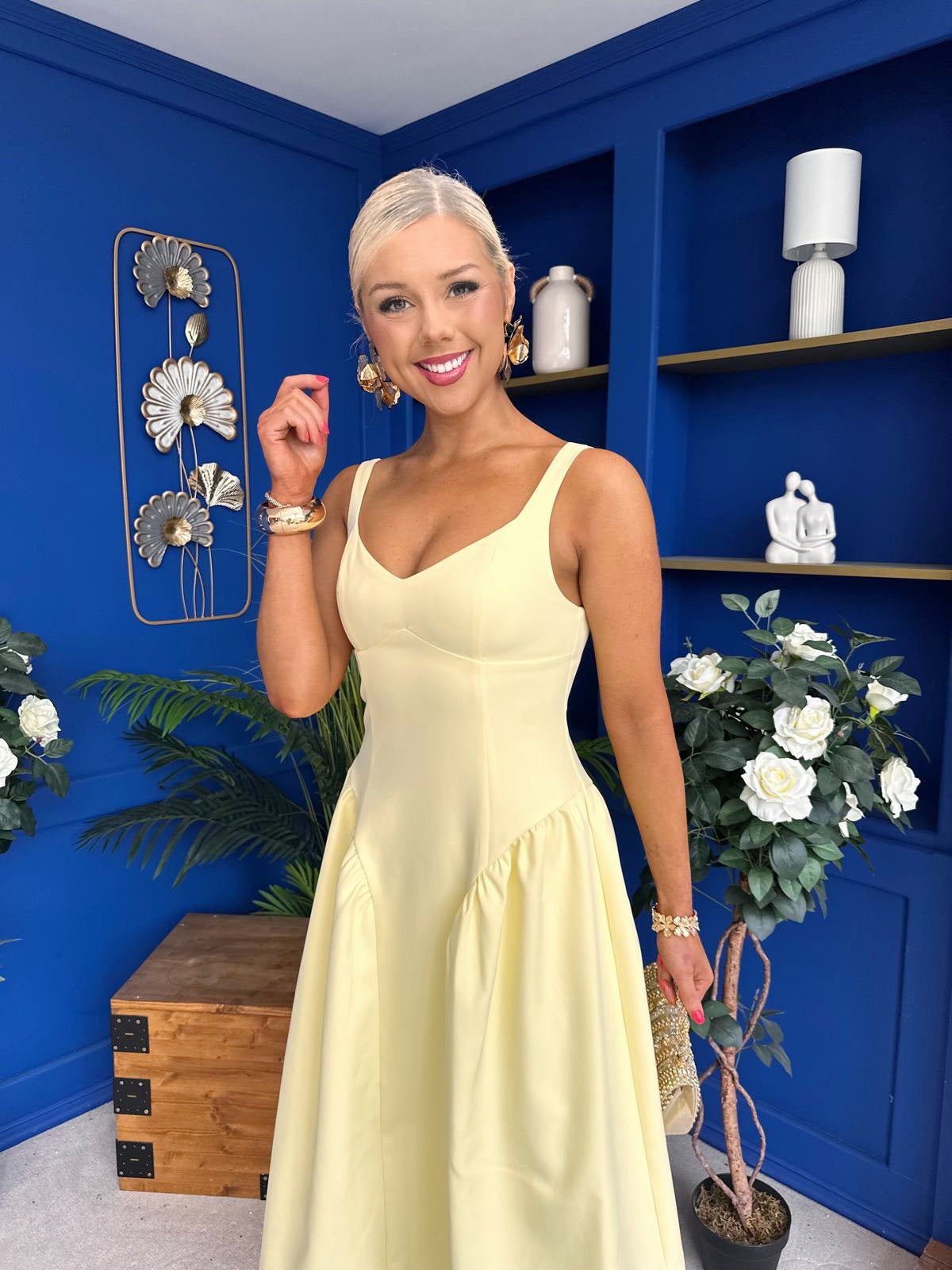 Autumn Detailed Strappy Midi Dress Yellow