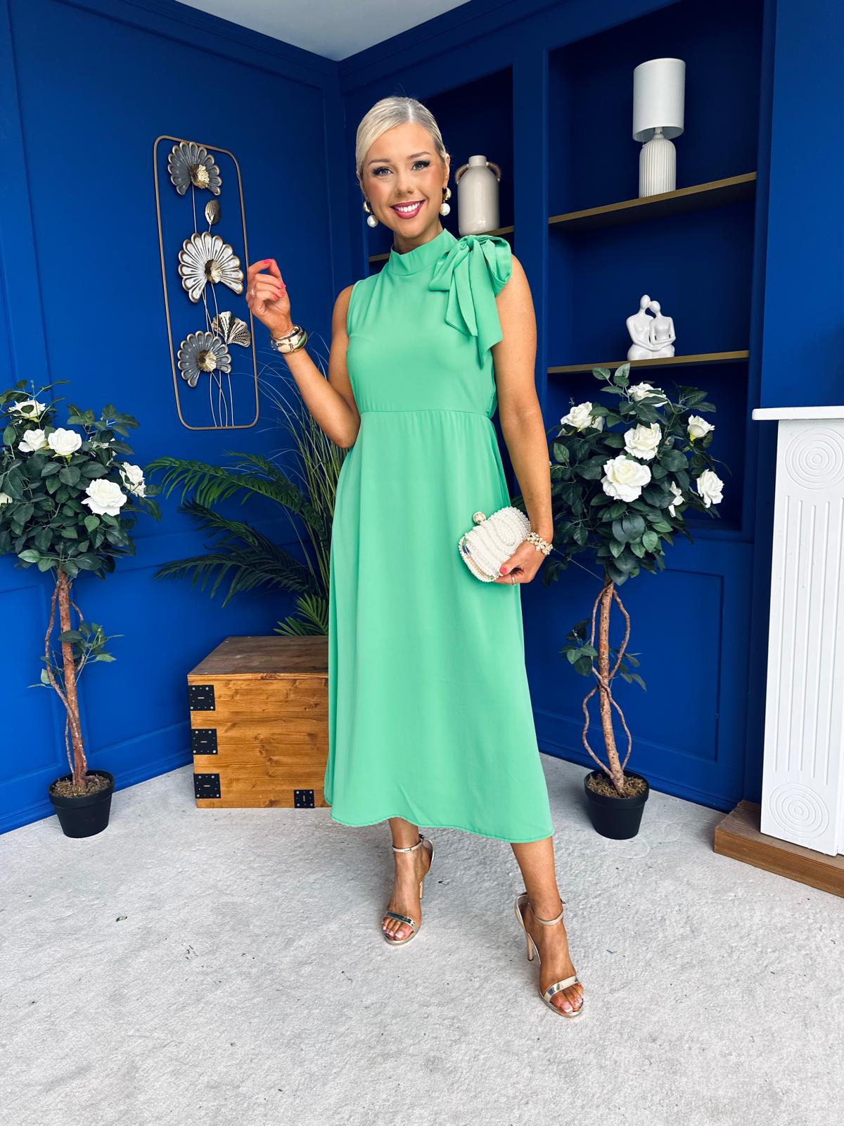 Joanna High Neck Bow Detail Midi Dress Emerald – Canella Lane
