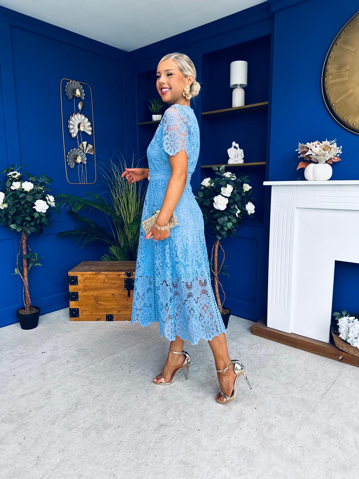 Niamh Crochet Occasion Midi Dress Blue