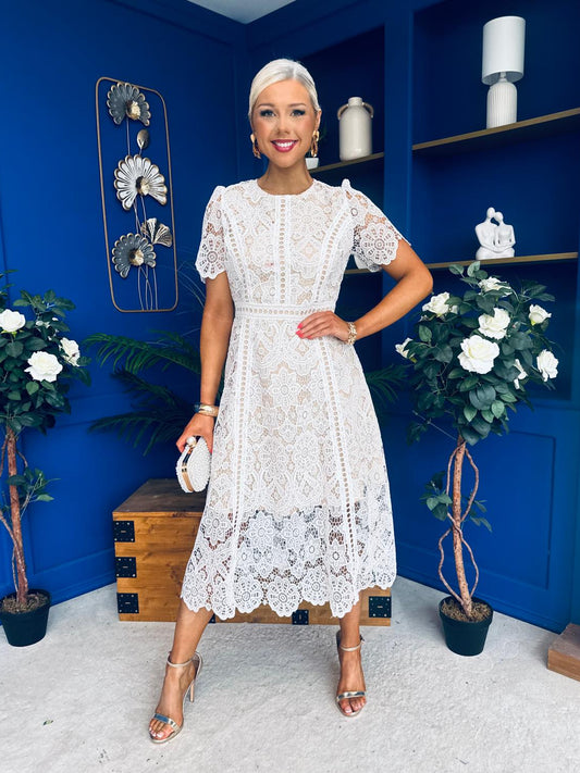 Niamh Crochet Occasion Midi Dress White