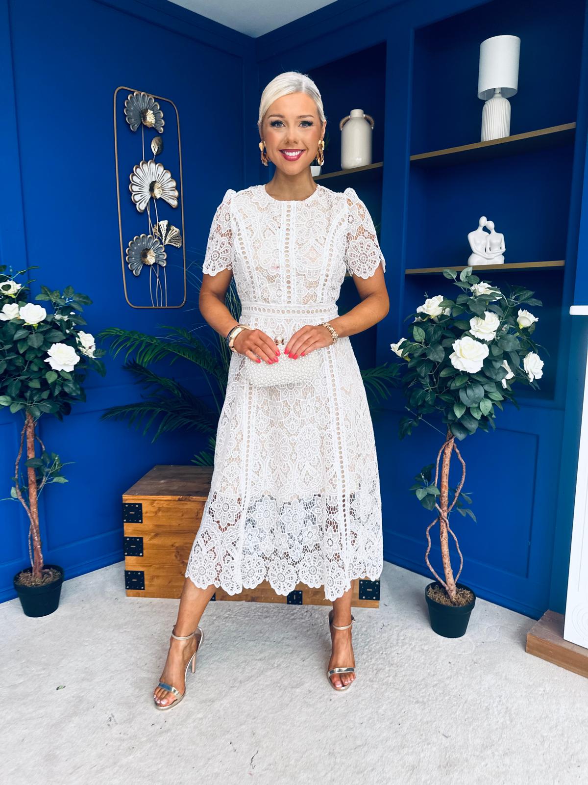Niamh Crochet Occasion Midi Dress White