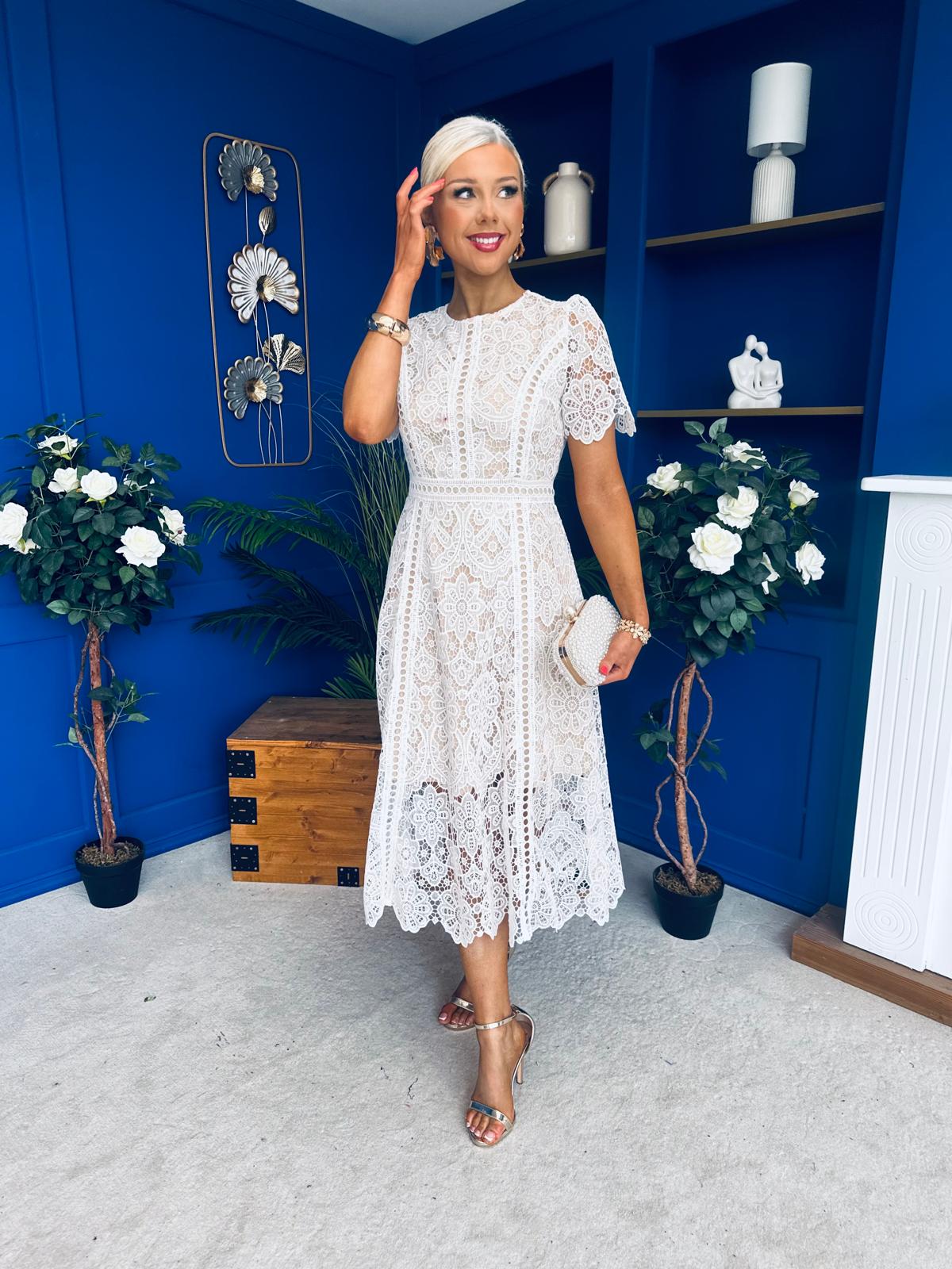 Niamh Crochet Occasion Midi Dress White