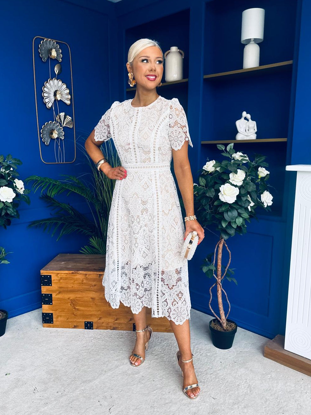Niamh Crochet Occasion Midi Dress White