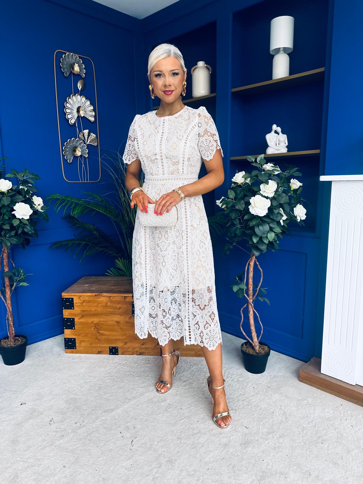 Niamh Crochet Occasion Midi Dress White