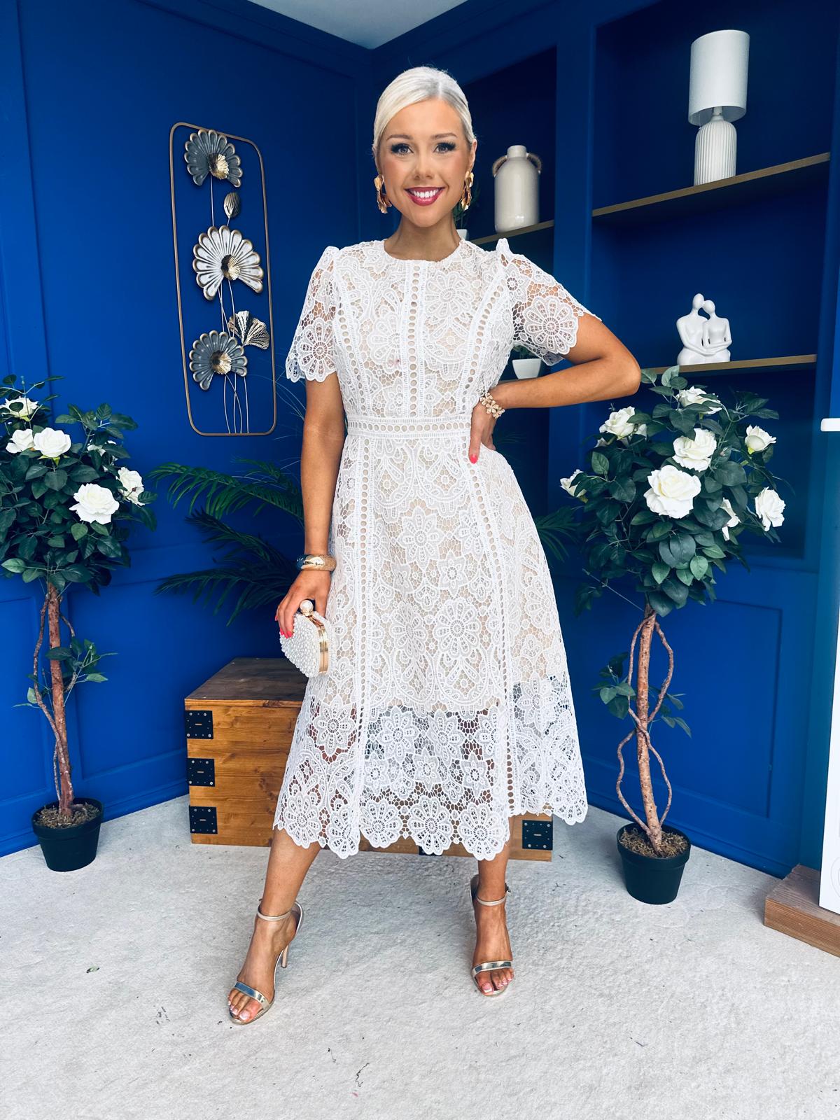Niamh Crochet Occasion Midi Dress White