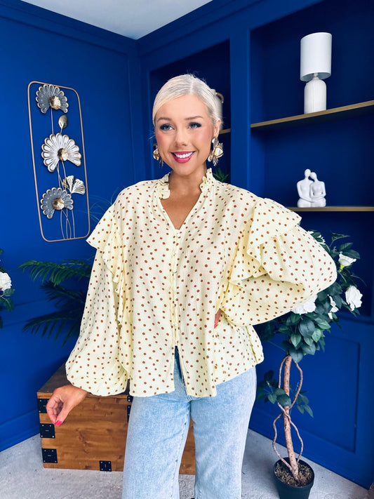 Leslie Polka Long Sleeve Blouse Yellow