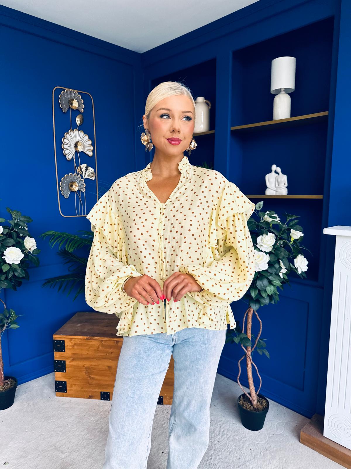 Leslie Polka Long Sleeve Blouse Yellow