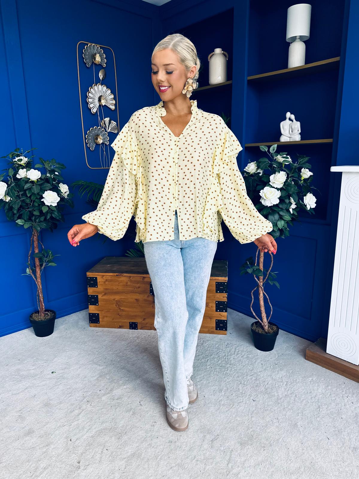 Leslie Polka Long Sleeve Blouse Yellow