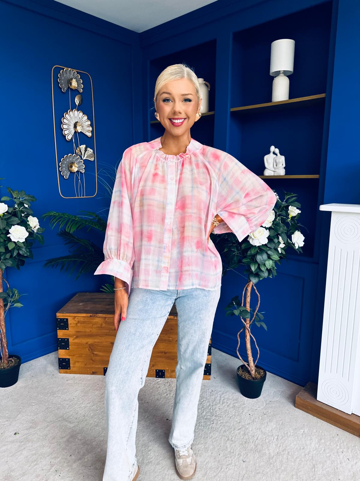 Franki Ombre Check Sleeve Blouse Pink