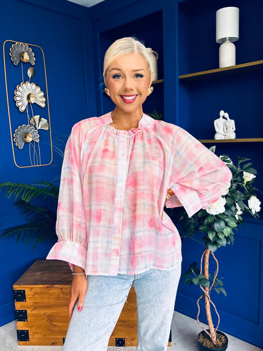 Franki Ombre Check Sleeve Blouse Pink