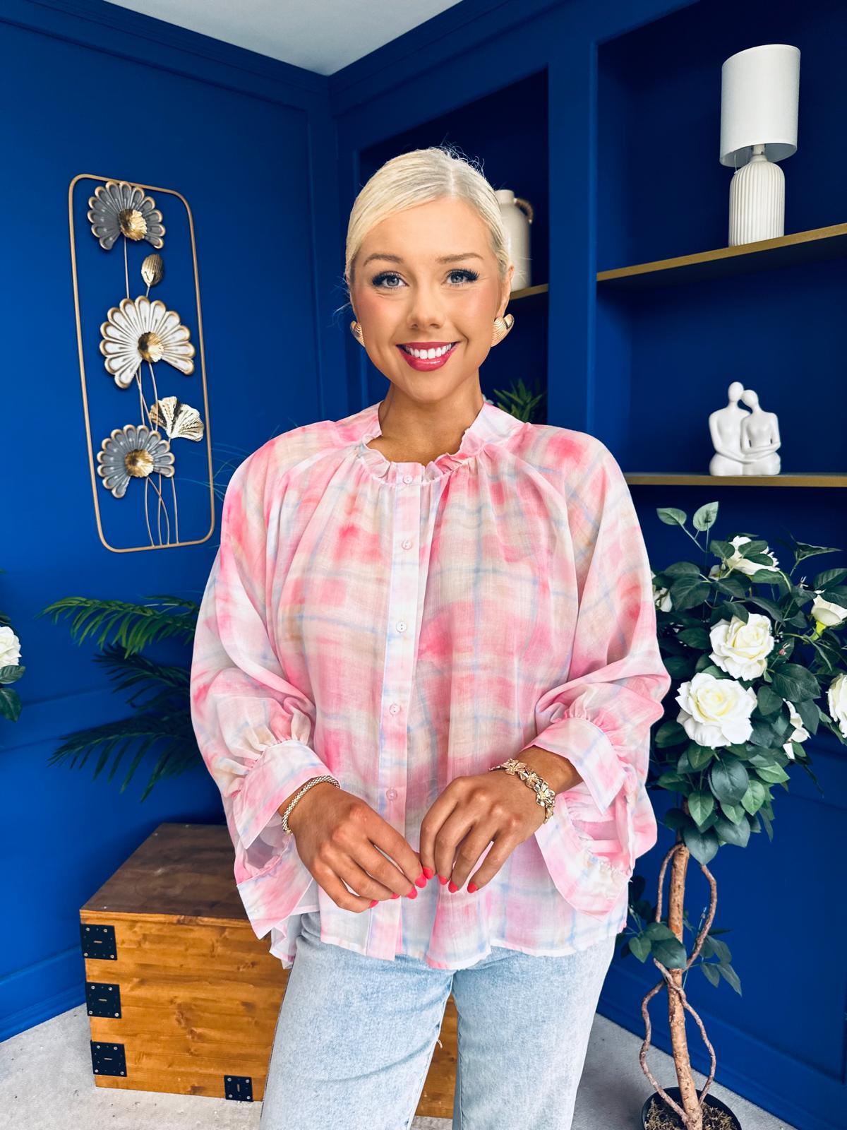 Franki Ombre Check Sleeve Blouse Pink