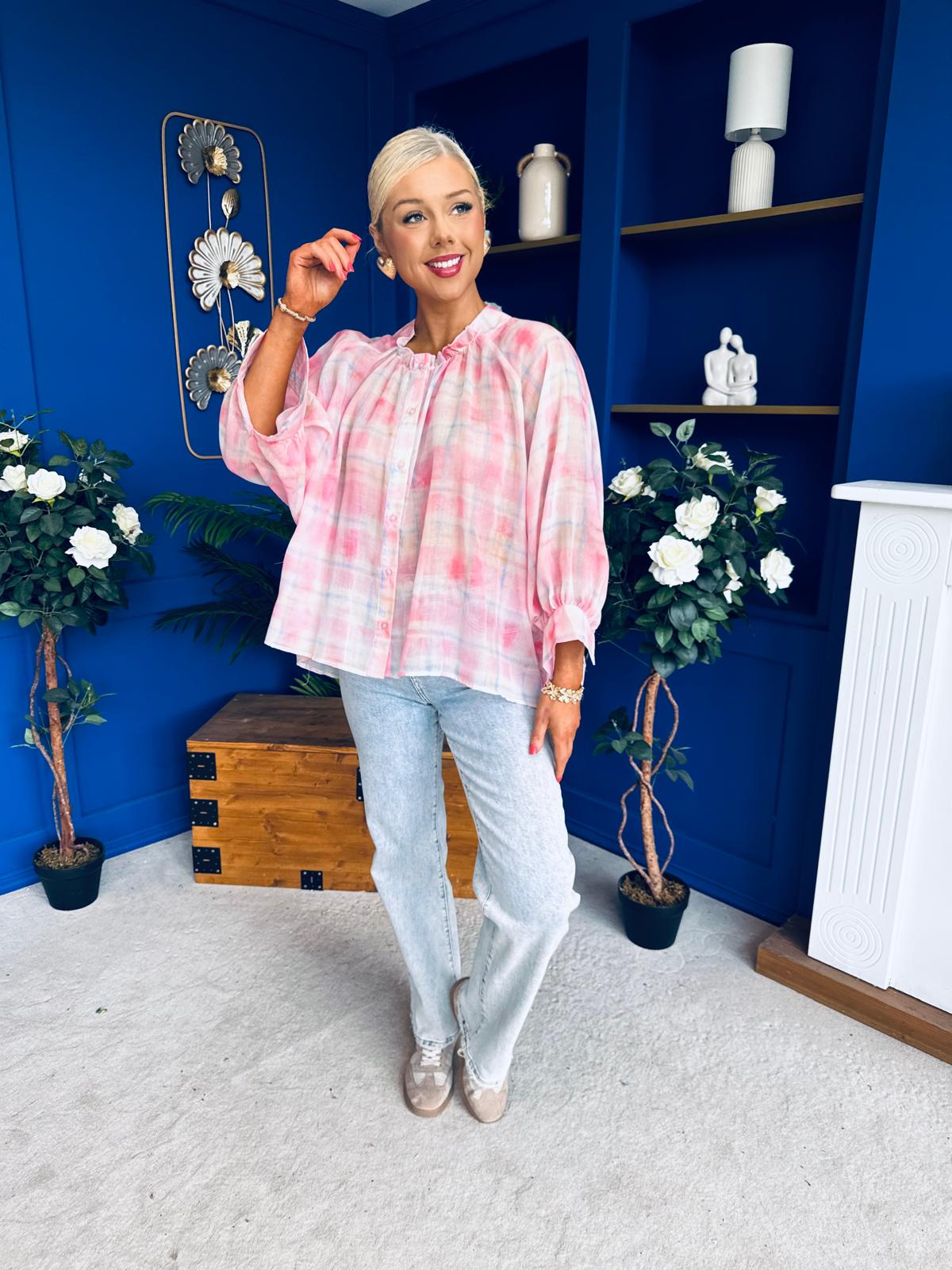 Franki Ombre Check Sleeve Blouse Pink