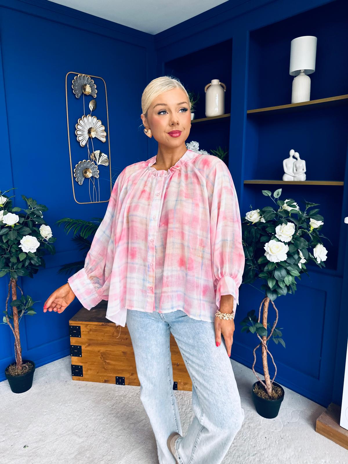 Franki Ombre Check Sleeve Blouse Pink