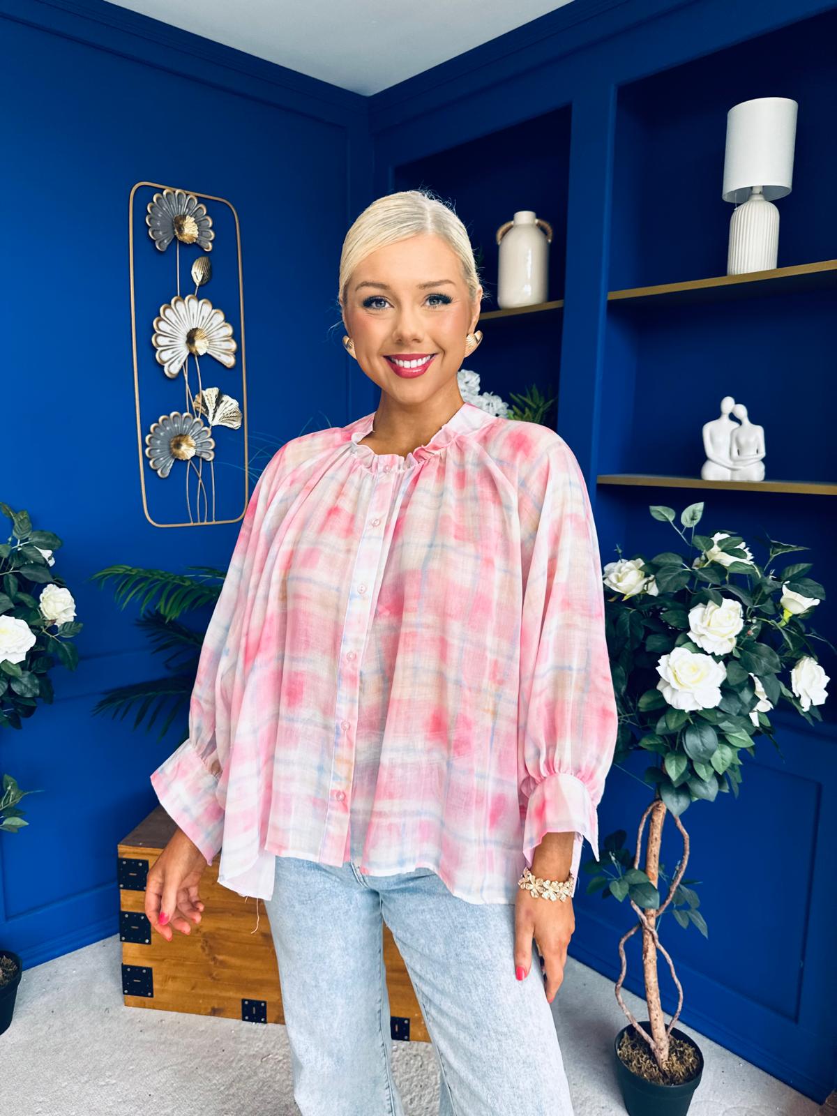 Franki Ombre Check Sleeve Blouse Pink