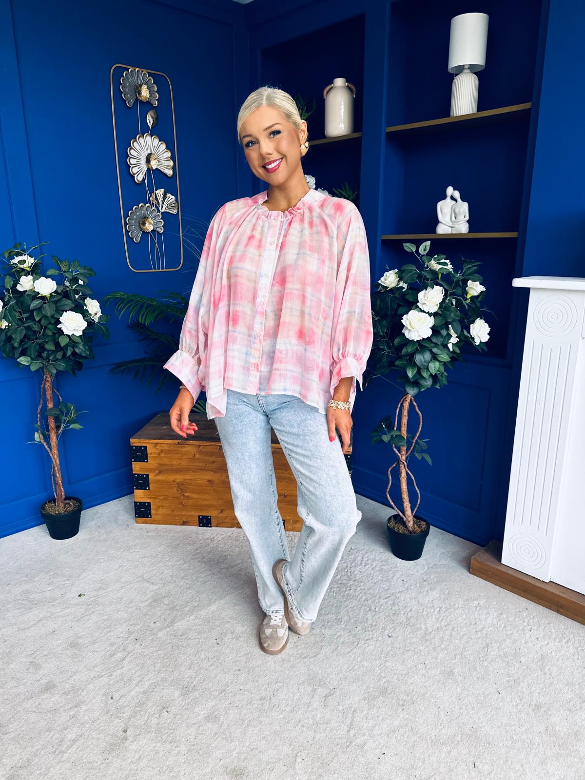 Franki Ombre Check Sleeve Blouse Pink