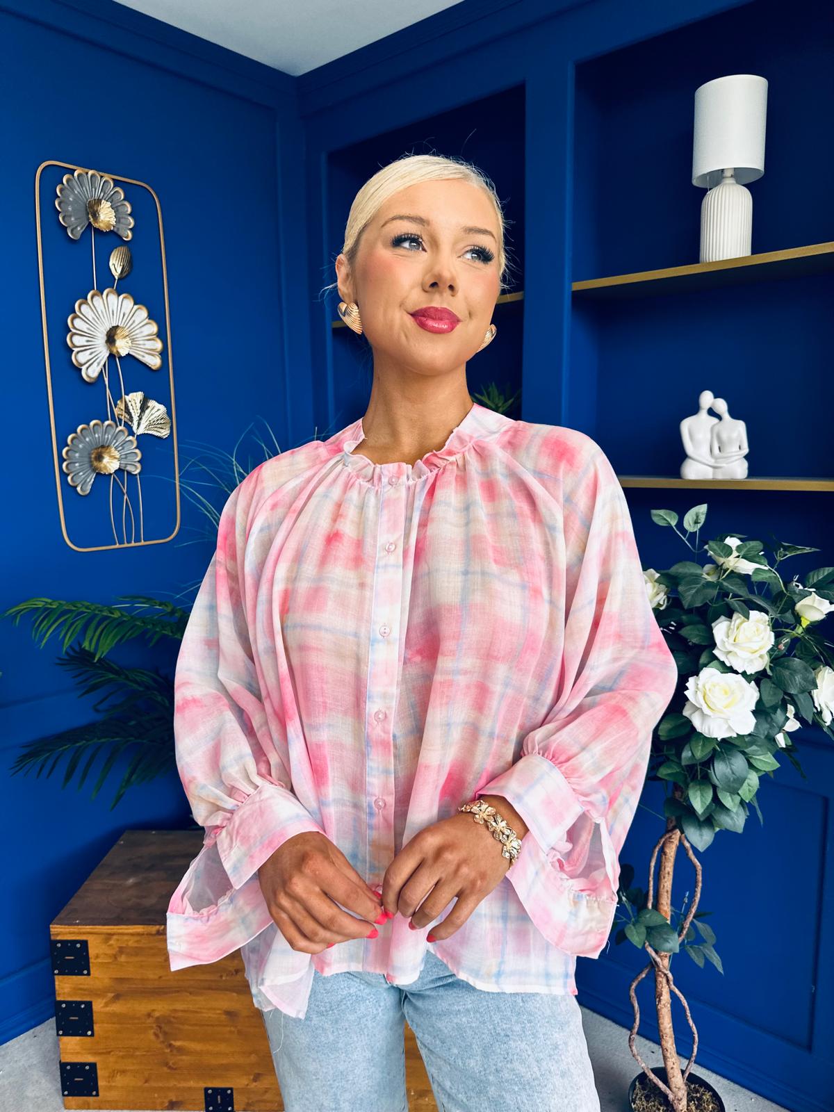 Franki Ombre Check Sleeve Blouse Pink